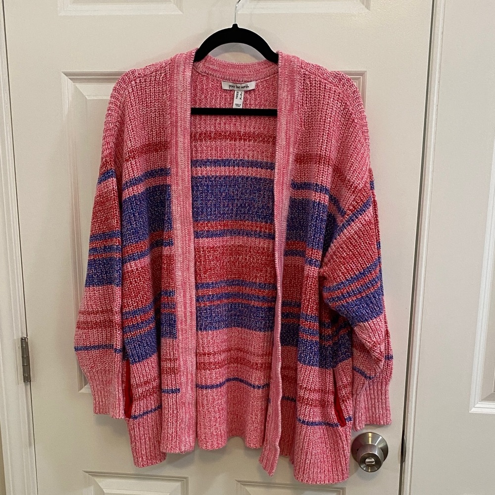 Peace Love World Pink, Indigo and Red  Striped Cardigan 100% cotton